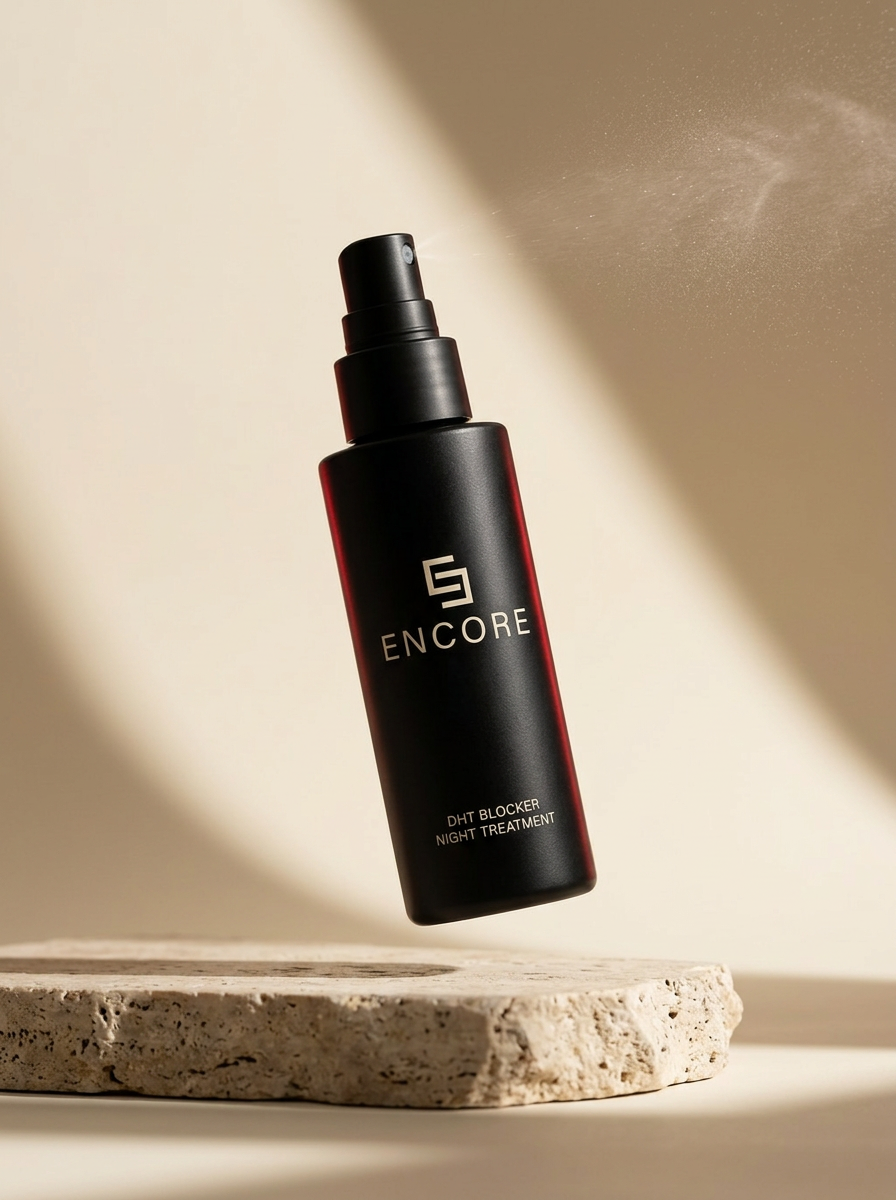 Encore DHT Blocker, matte black spray bottle with 5% minoxidil and a peptide complex