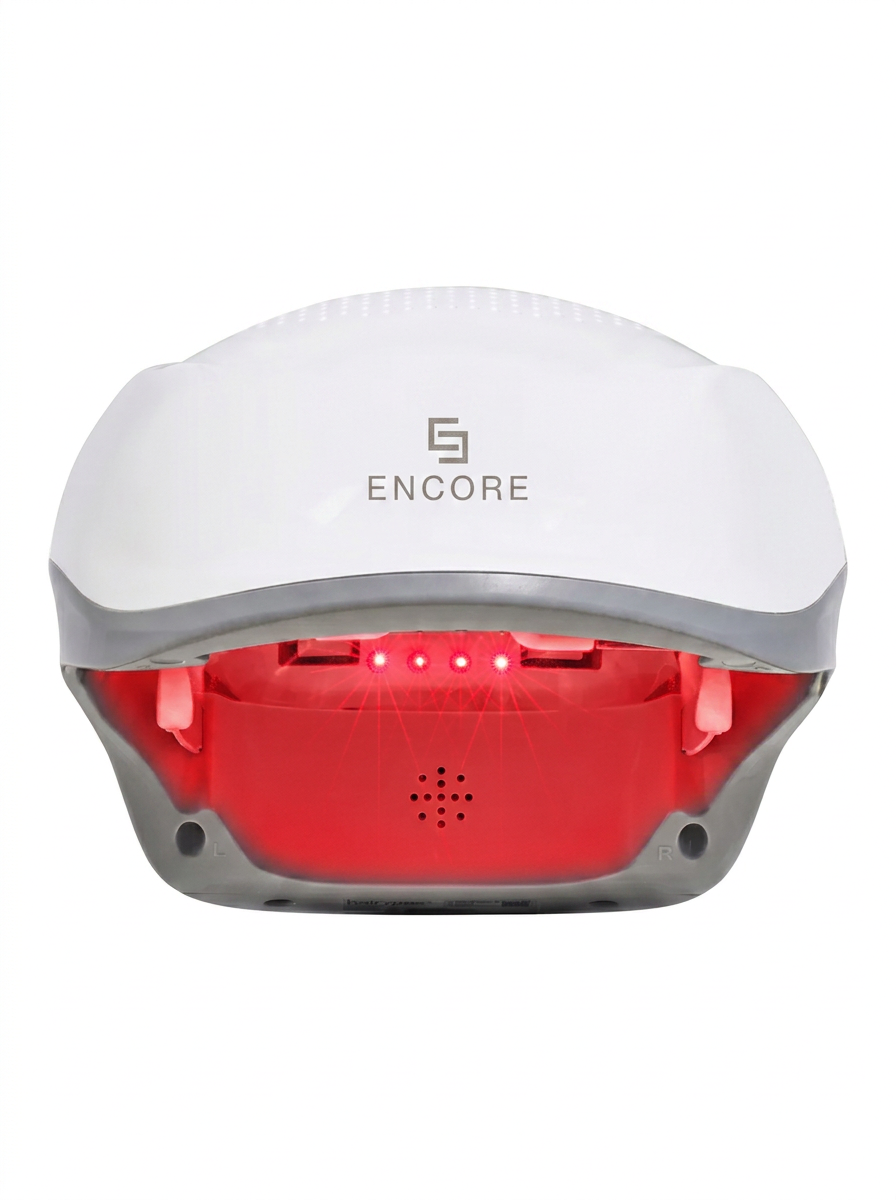 Encore Laser Hat, front view with red light diodes active