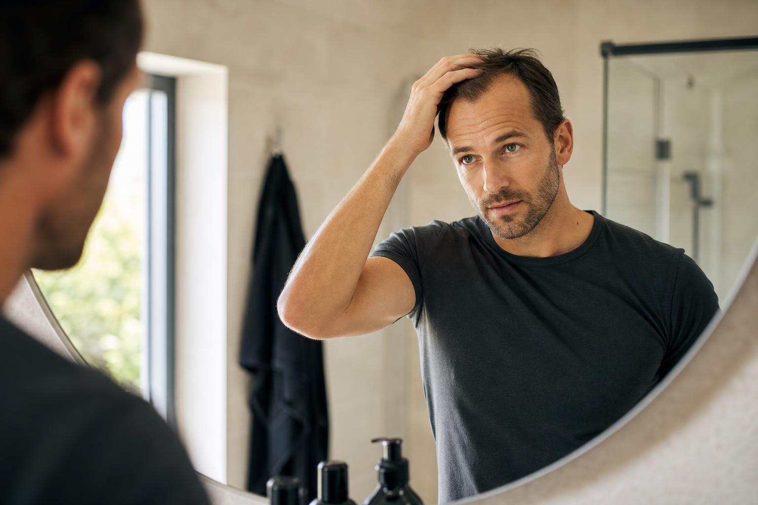 Man examining his hairline in a bathroom mirror