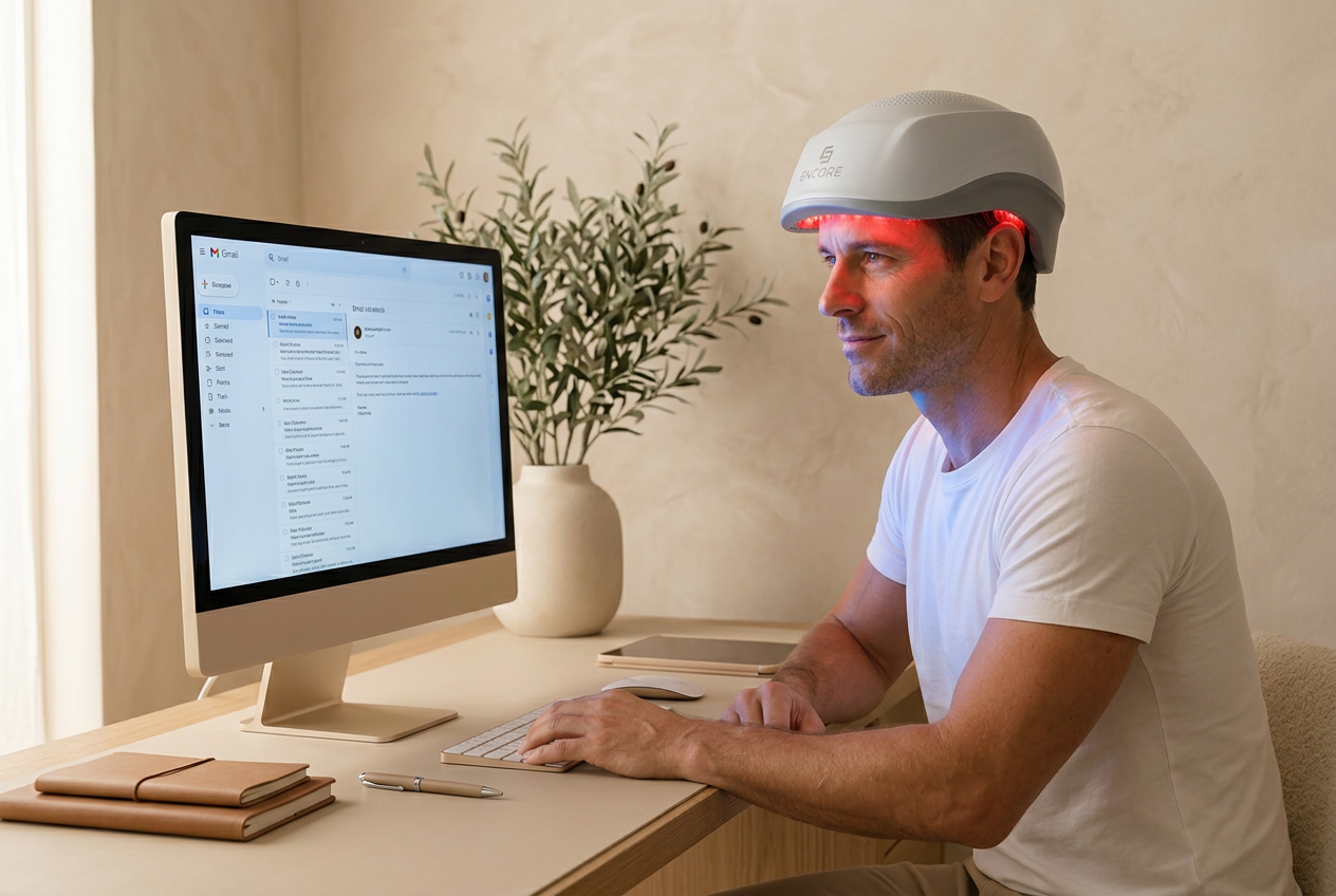 Man wearing the Encore Laser Hat at his kitchen counter in the morning