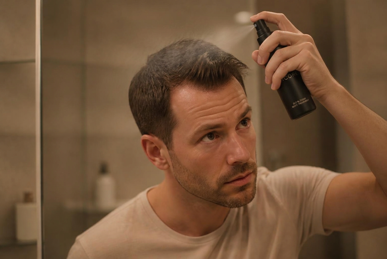 Man applying the Encore DHT Blocker to the top of his scalp at night