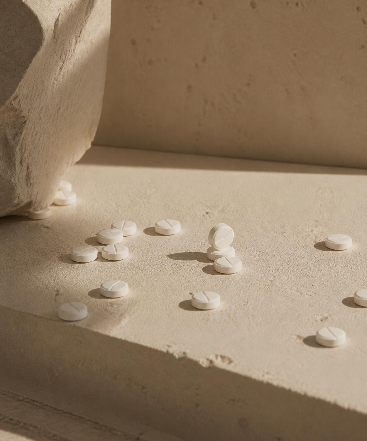 White tablets scattered across a warm sand-toned plaster surface